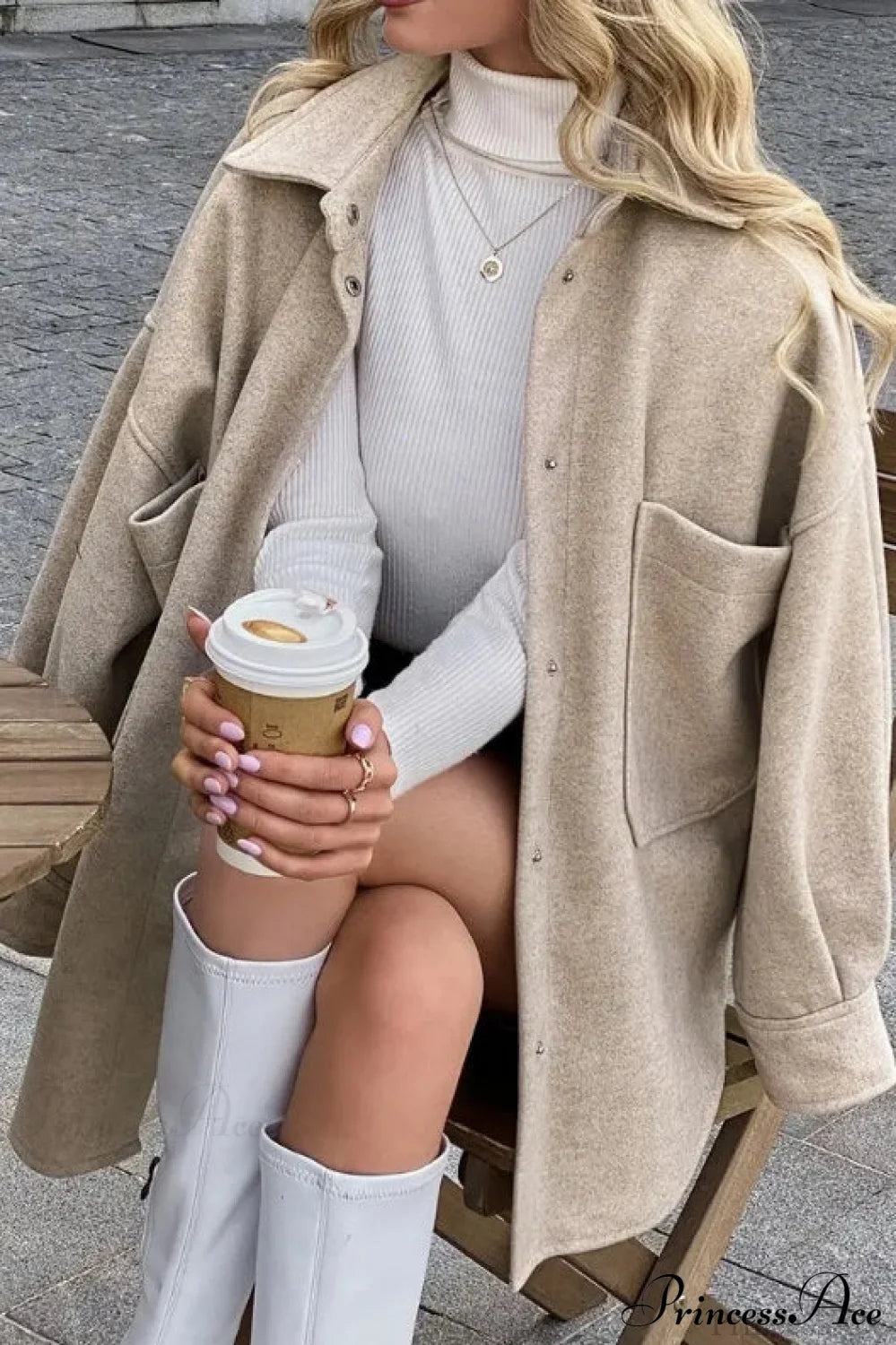 Wool Blend Collared Casual Short Coat Apricot / S