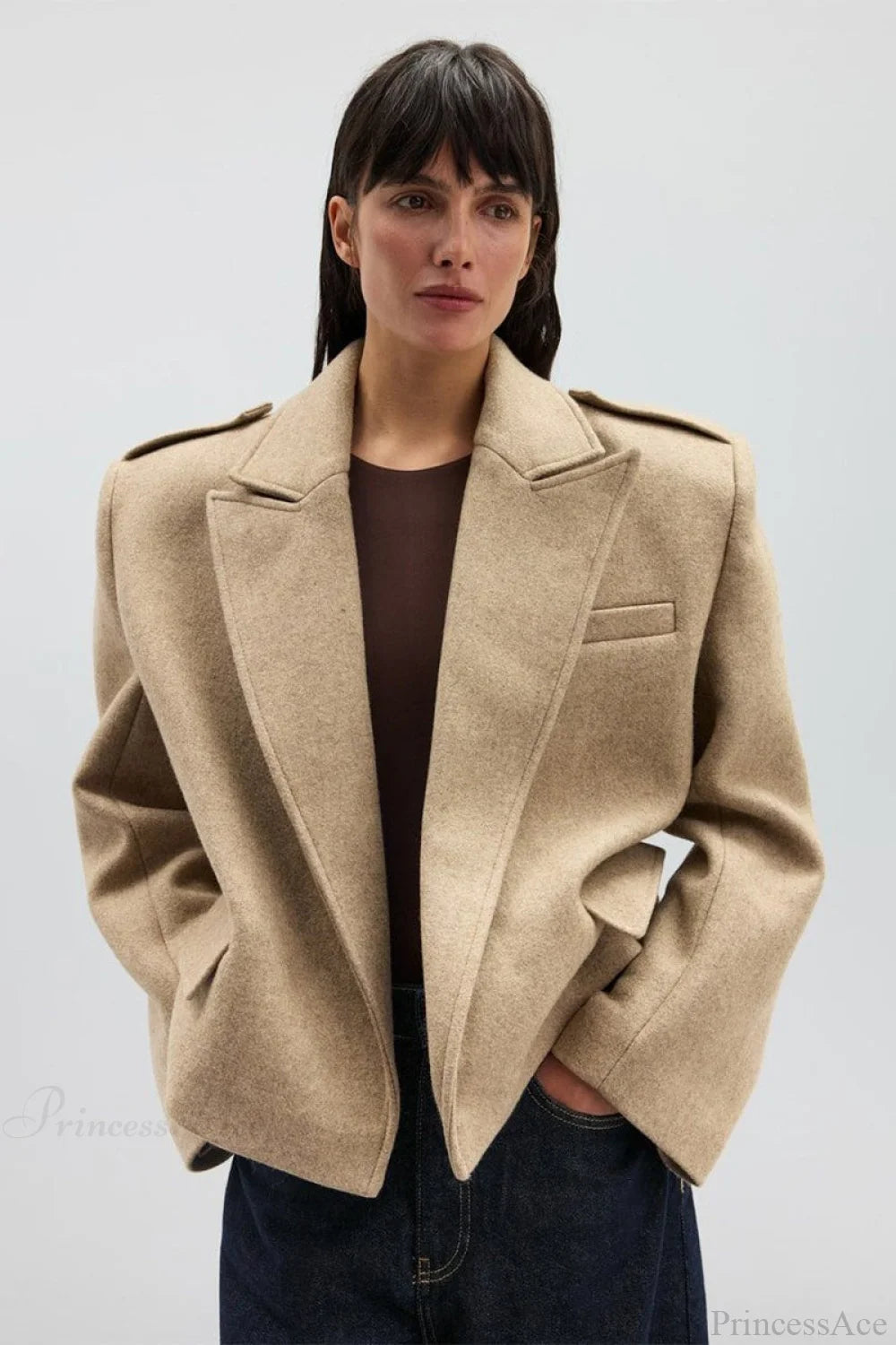 Wool Blend Notched Lapel Epaulette Coat Khaki / S