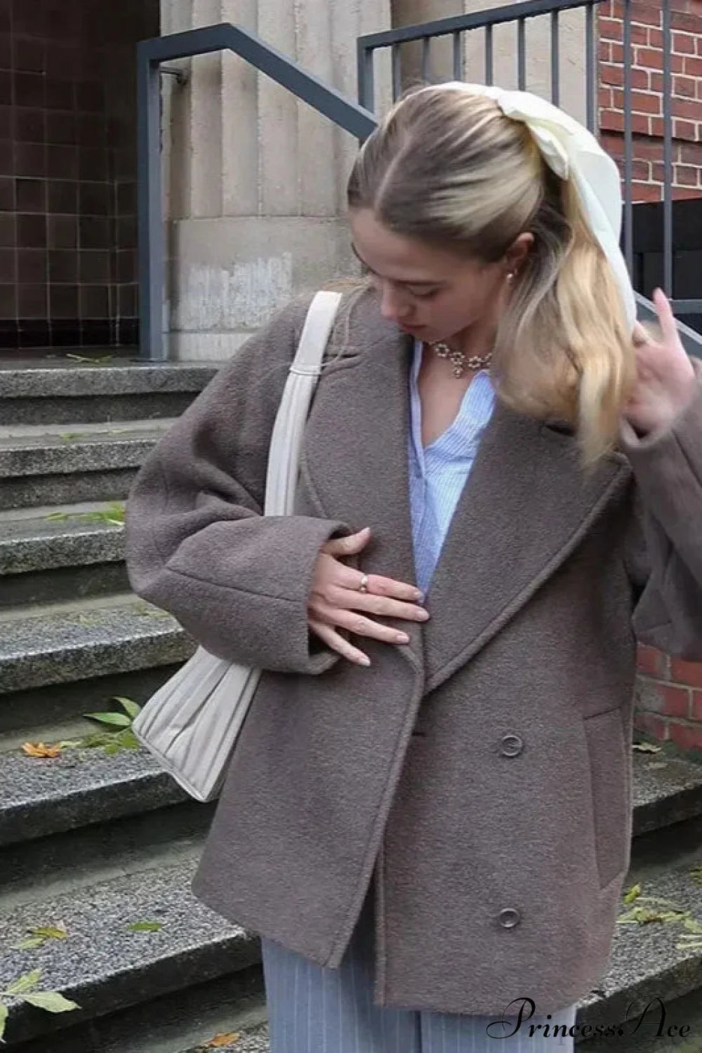 Wool Double Breasted Collared Short Sleeve Coat