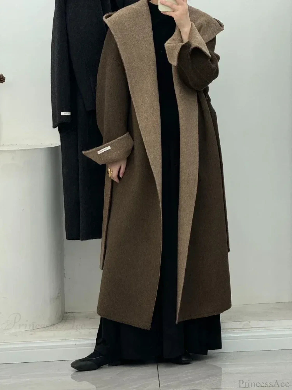 Wool Hooded Office Lady Cashmere Overcoat Coffee / S
