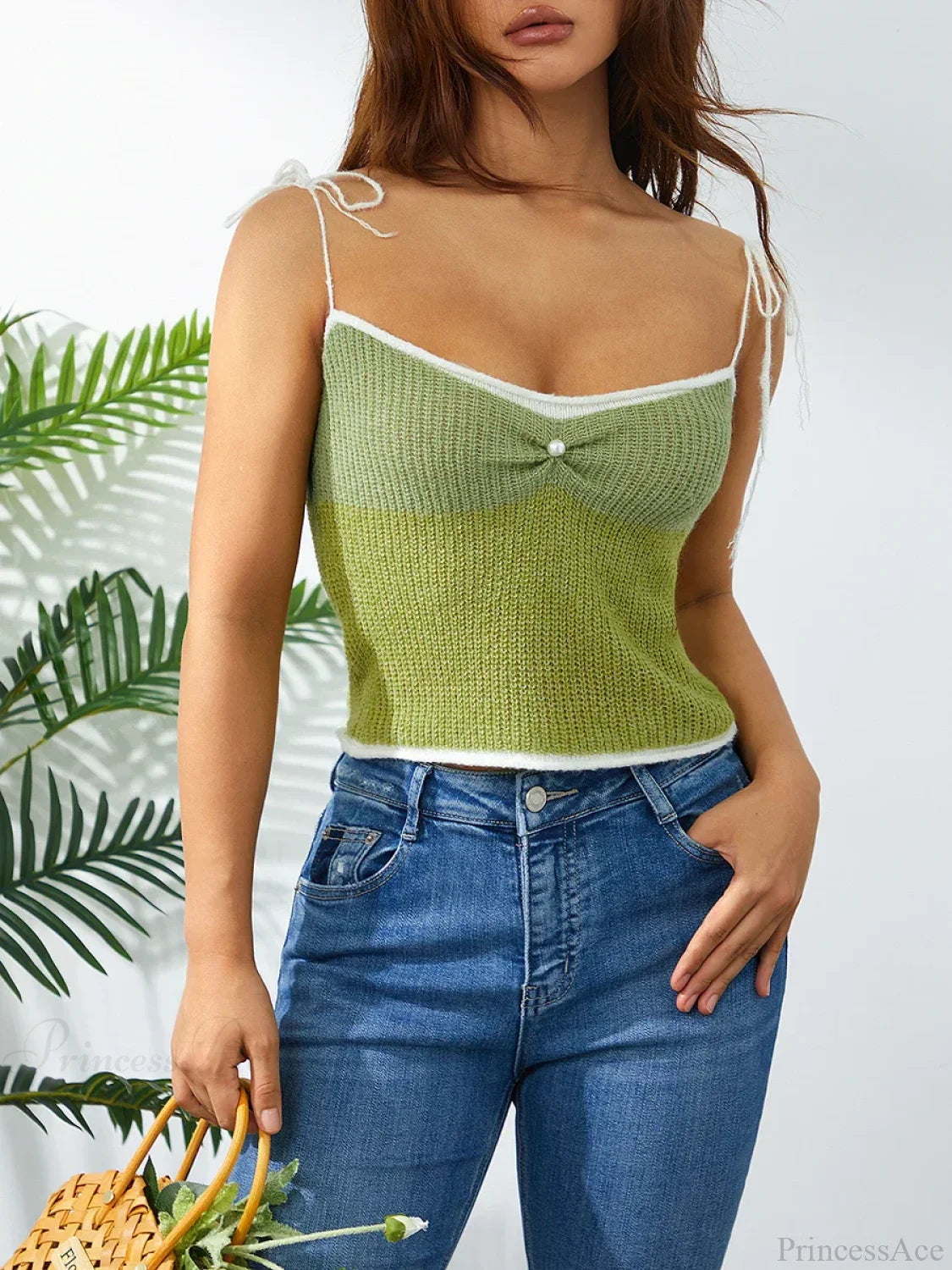 Wool Knitted Contrast Tie-up Spaghetti Strap 90s Crop Top croptop-250126