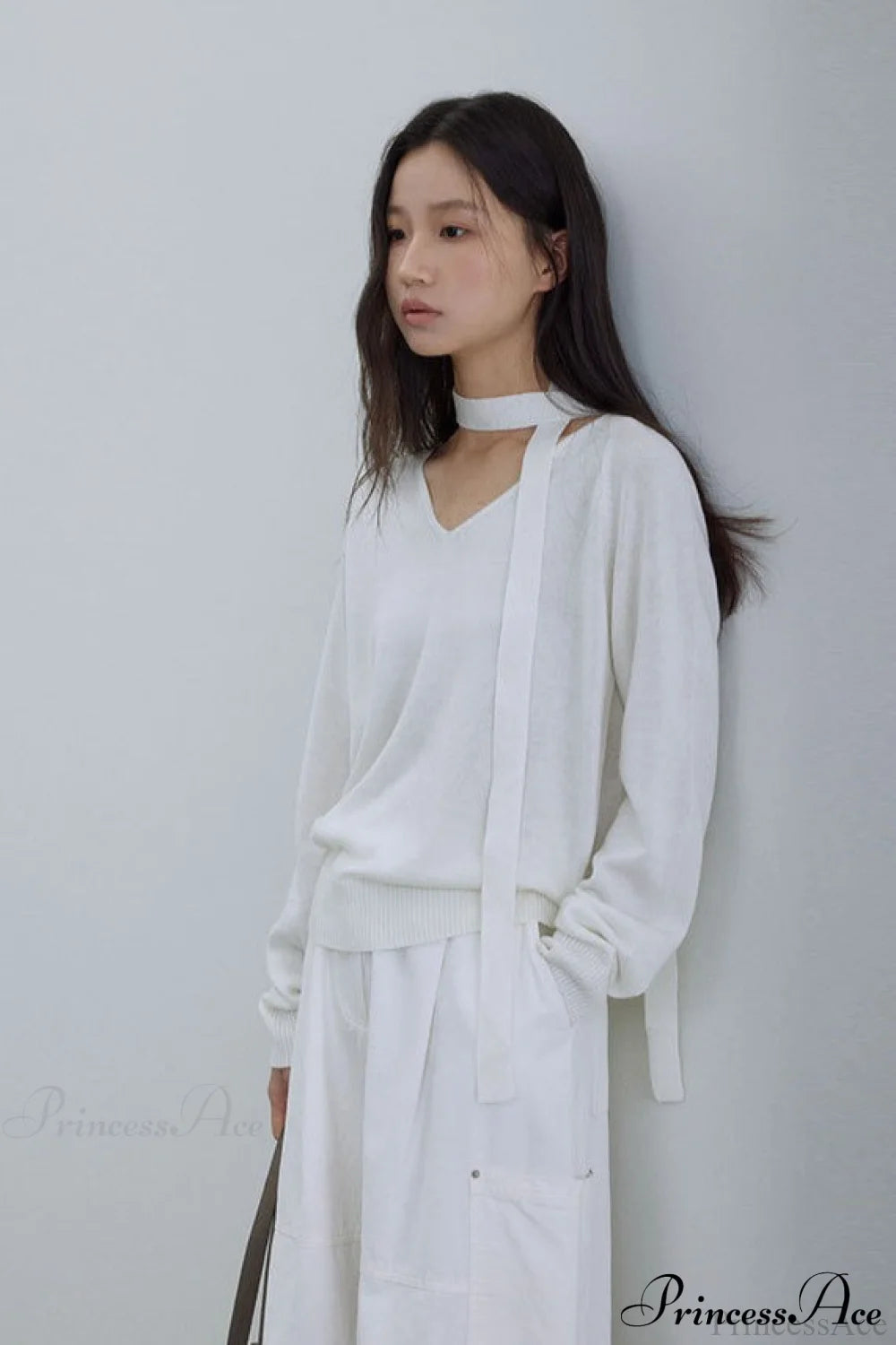 Wool V-Neck Oversized Long-Sleeve Knit Top