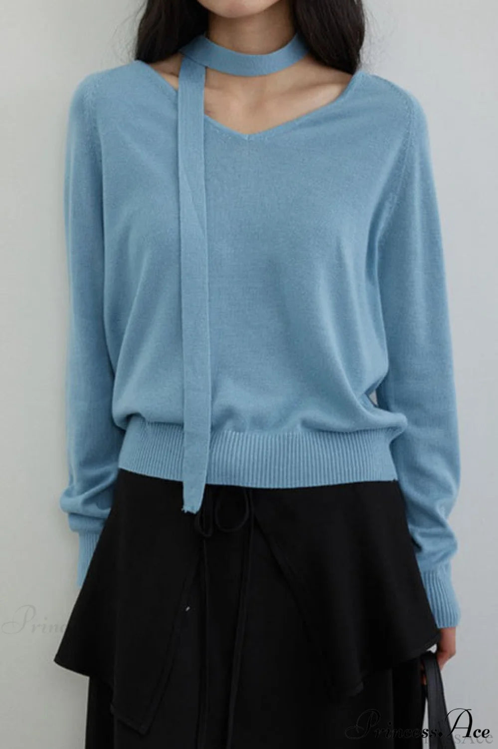 Wool V-Neck Oversized Long-Sleeve Knit Top Blue / One Size