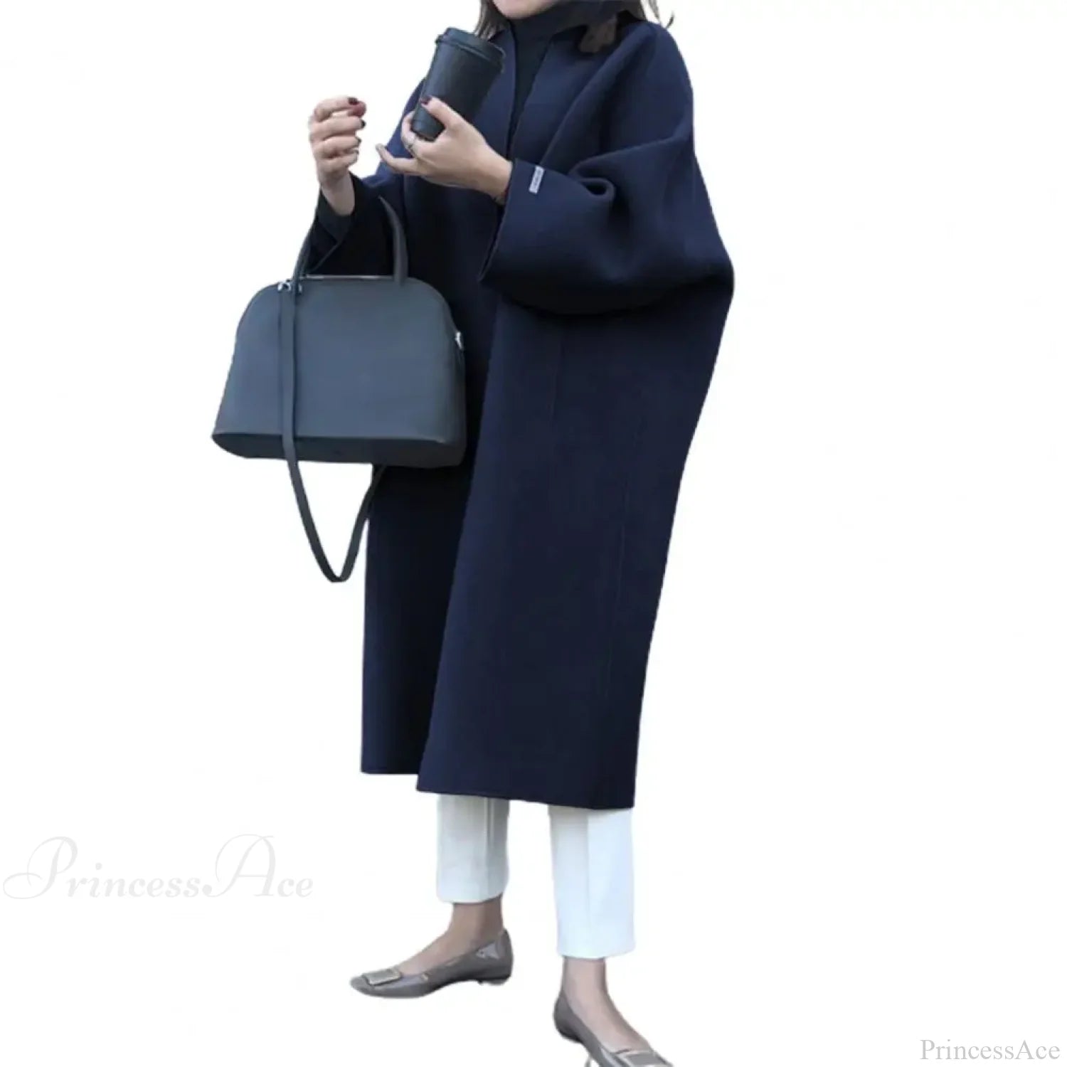 Woolen Cardigan Solid Color Long Overcoat Navy Blue