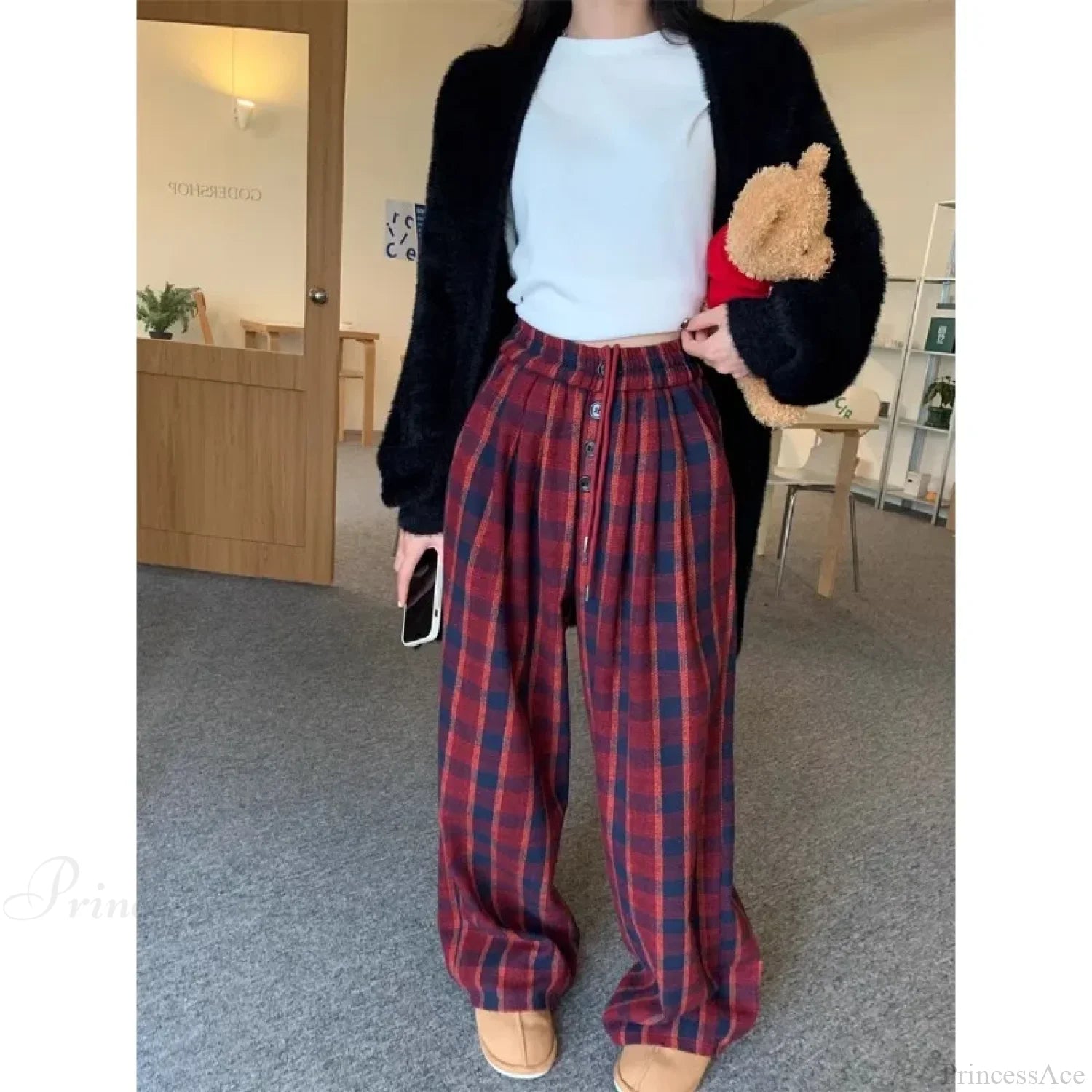 Woolen Plaid Vintage Winter Pants Red / S