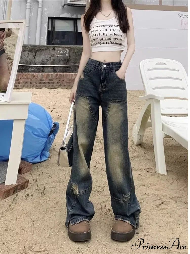 Worn-Out Hole Vintage Straight Summer Loose Fitting Wide-Leg Floor Length Jean Blue / S
