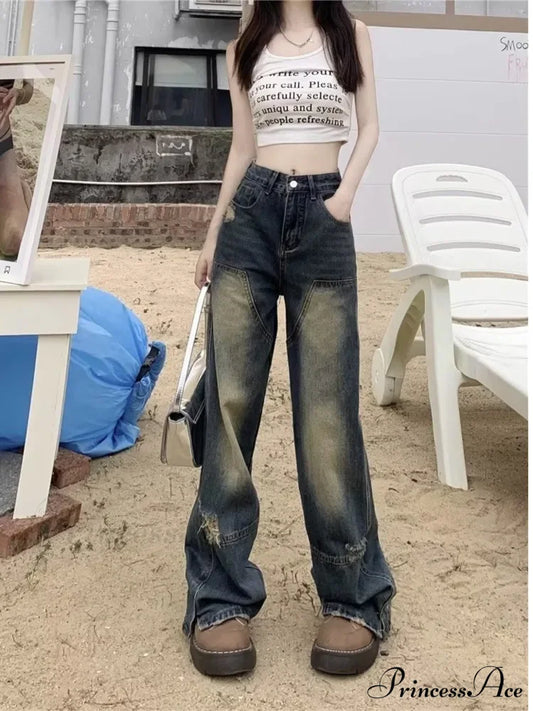 Worn-Out Hole Vintage Straight Summer Loose Fitting Wide-Leg Floor Length Jean Blue / S