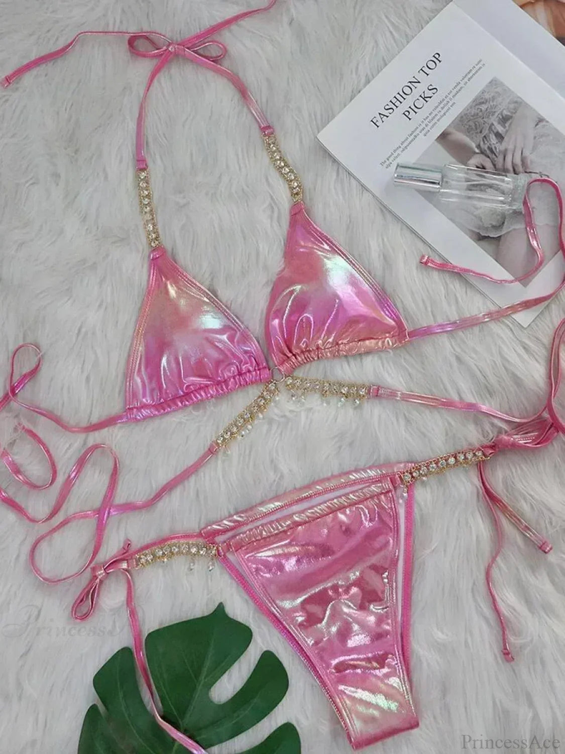 Wrap Around Metal Chains Bikini Set Rose / S