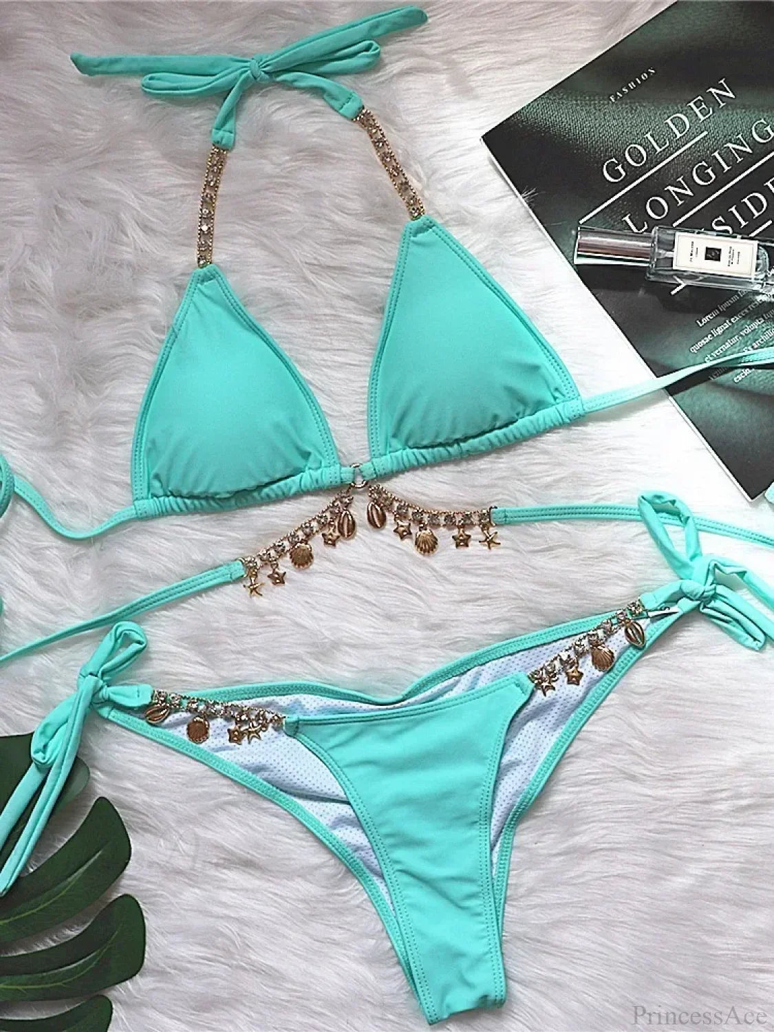 Wrinkled Diamond Metal Chain Bikini Set Green / S