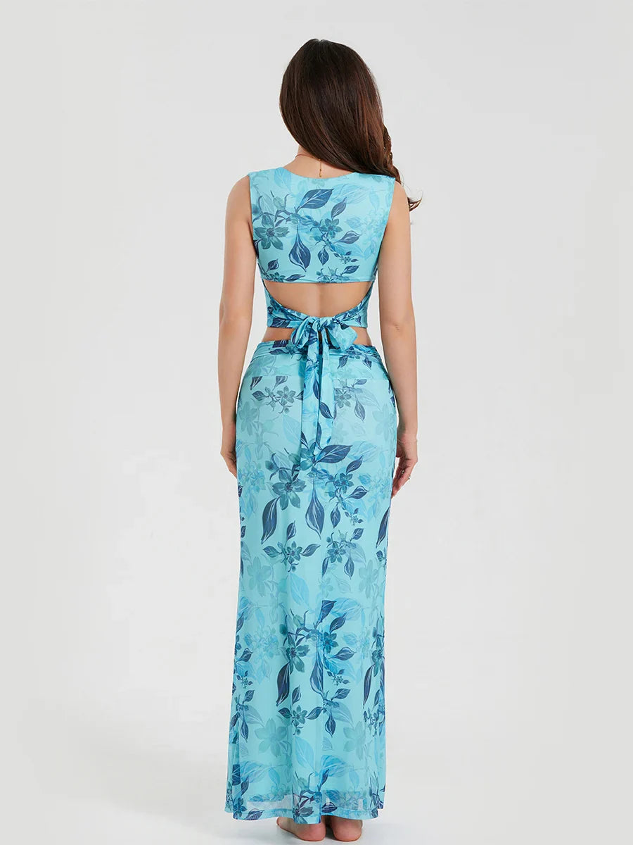 Boho Blue Floral Back Bandage Crop Tank Wrap Long Floral Dress floraldress-250126