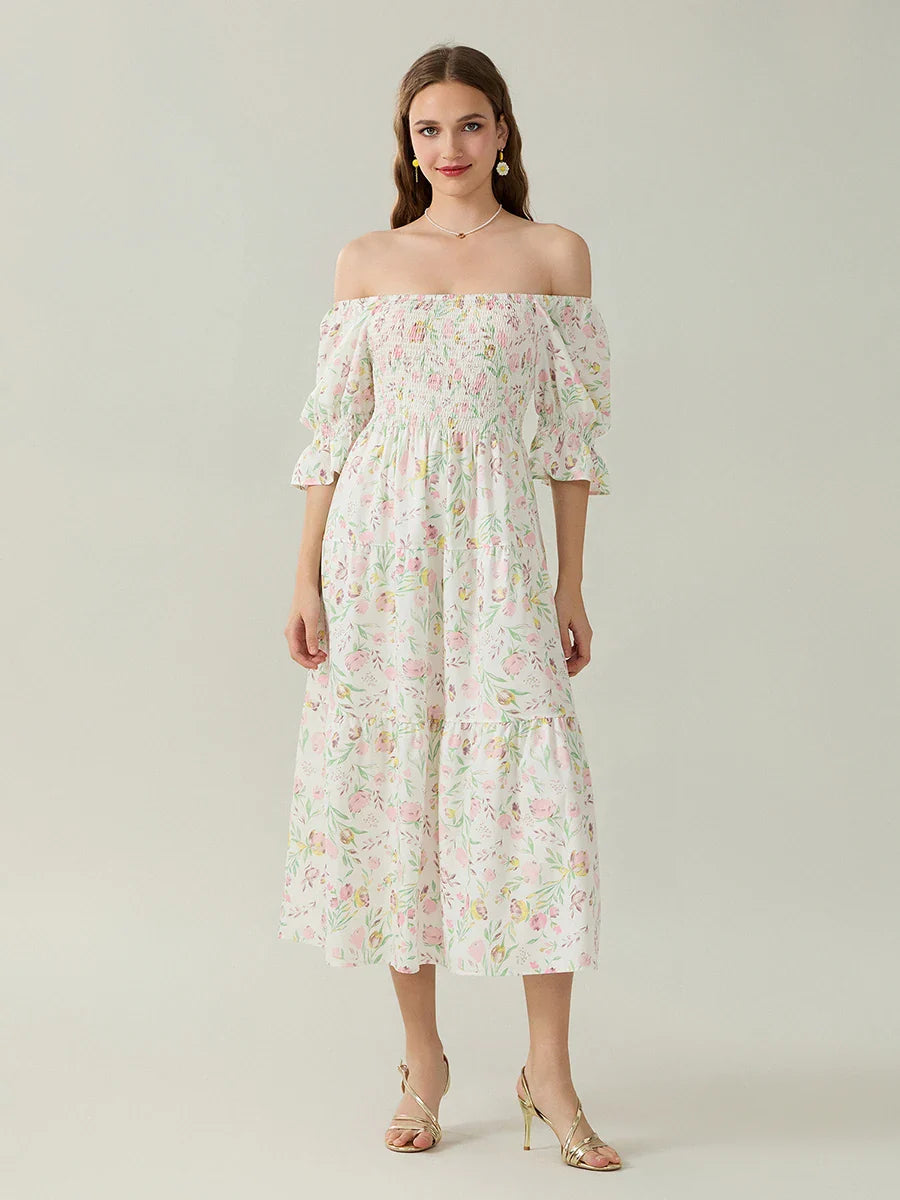 Elegant Off-Shoulder Party Half Sleeve Square Neck A-line Floral Dress floraldress-250126
