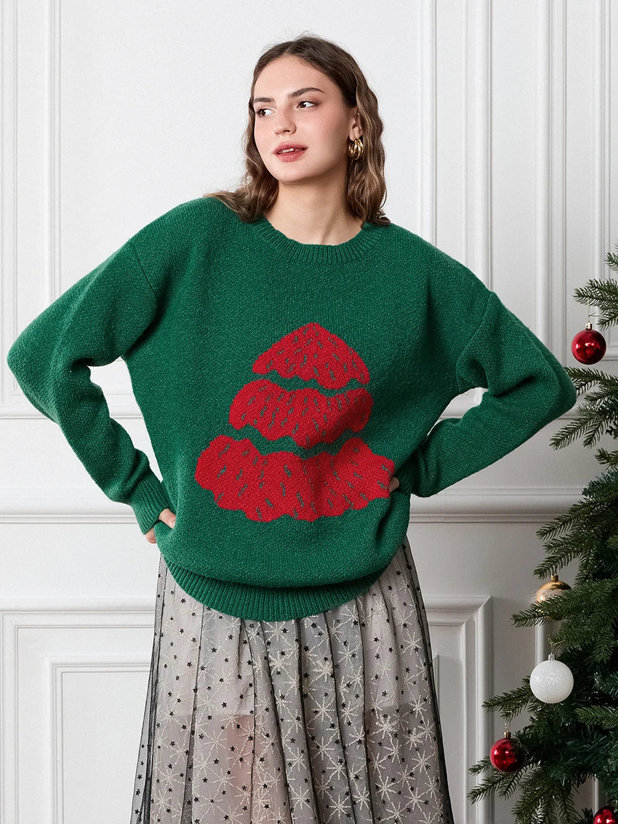 Drop Shoulder Long Sleeve Round Neck Christmas Tree Warm Sweater Green / S Sweaters-L