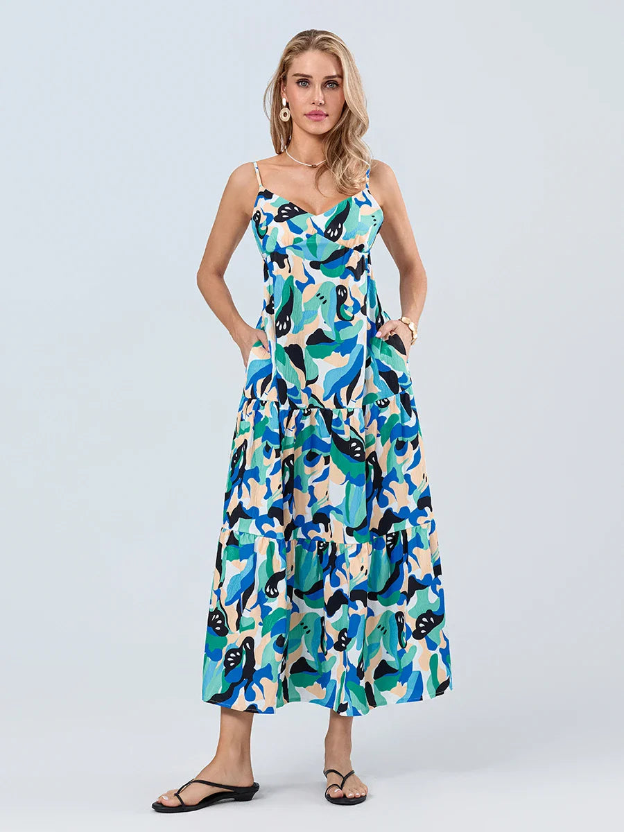 Fashion Print Spaghetti Strap Backless Sweetheart Flowy Cami Floral Dress floraldress-250126
