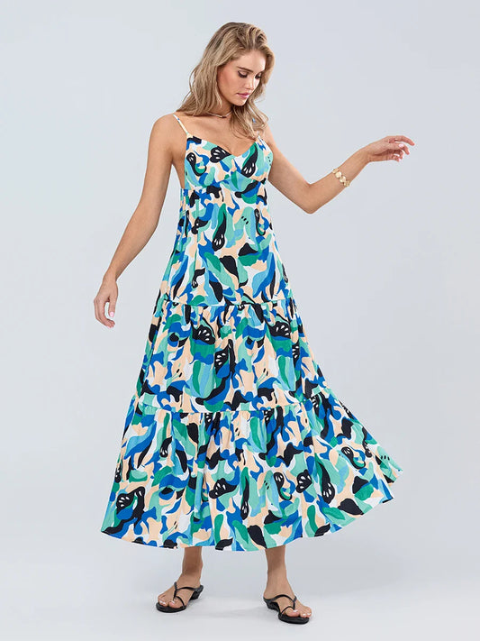 Fashion Print Spaghetti Strap Backless Sweetheart Flowy Cami Floral Dress floraldress-250126