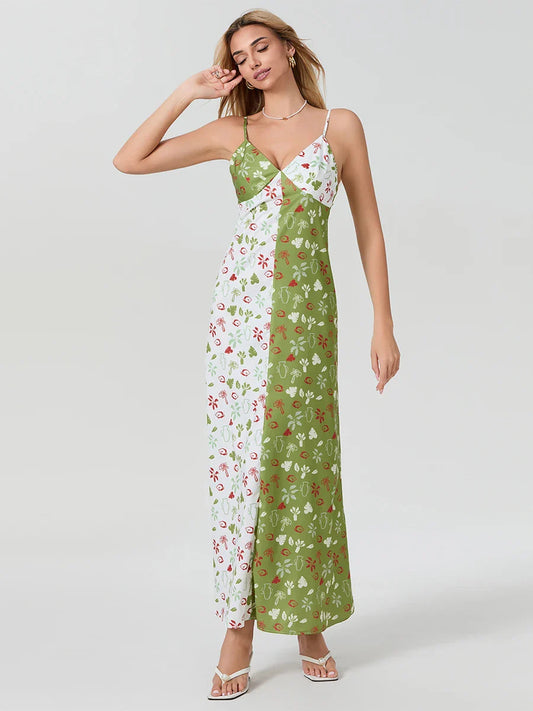 Contrast Color V-neck Spaghetti Strap Slip Floral Dress floraldress-250126