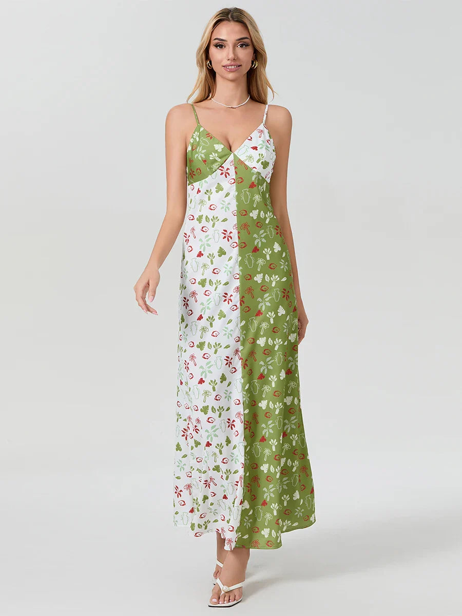 Contrast Color V-neck Spaghetti Strap Slip Floral Dress floraldress-250126