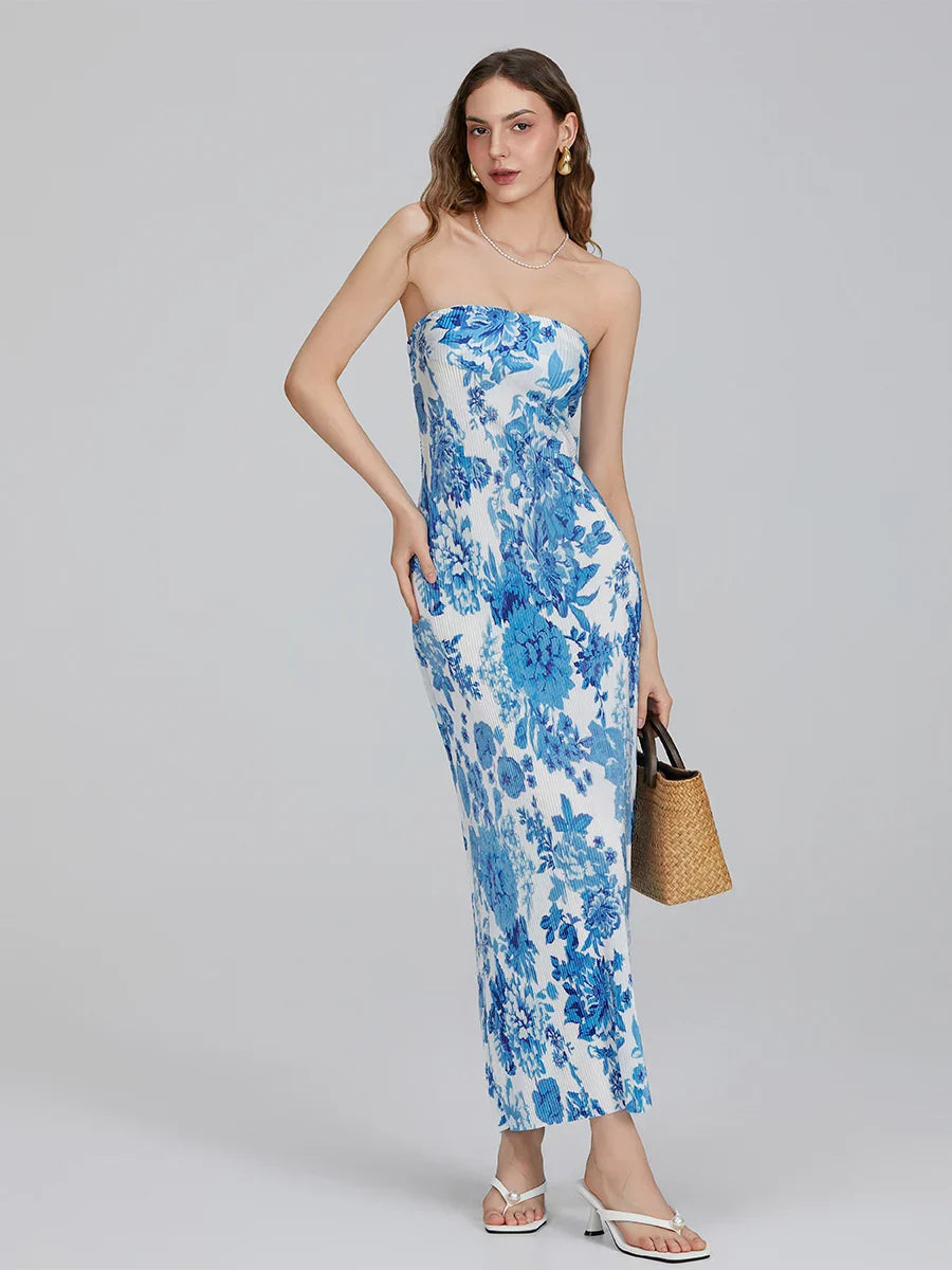 Floral Print Off-Shoulder Bandeau Pleated Tube Top Backless Party Dress floraldress-250126