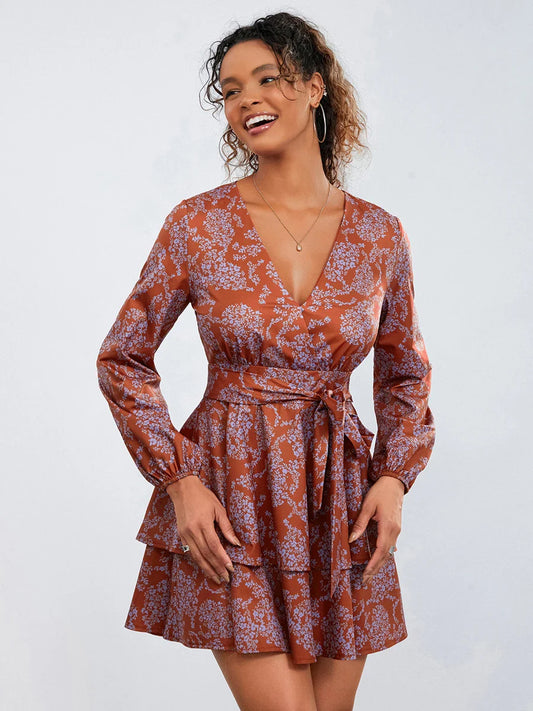 Floral Print Ruffles Tiered Mini Dress V-neck High Waist Floral Dress Red / S floraldress-250126