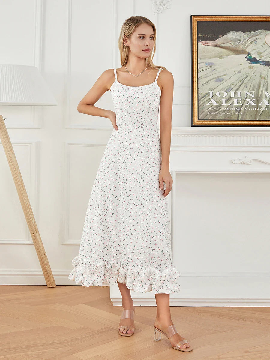 Spaghetti Strap Ruffled Long Sweet Sling Bubble Hem A-line Floral Dress floraldress-250126