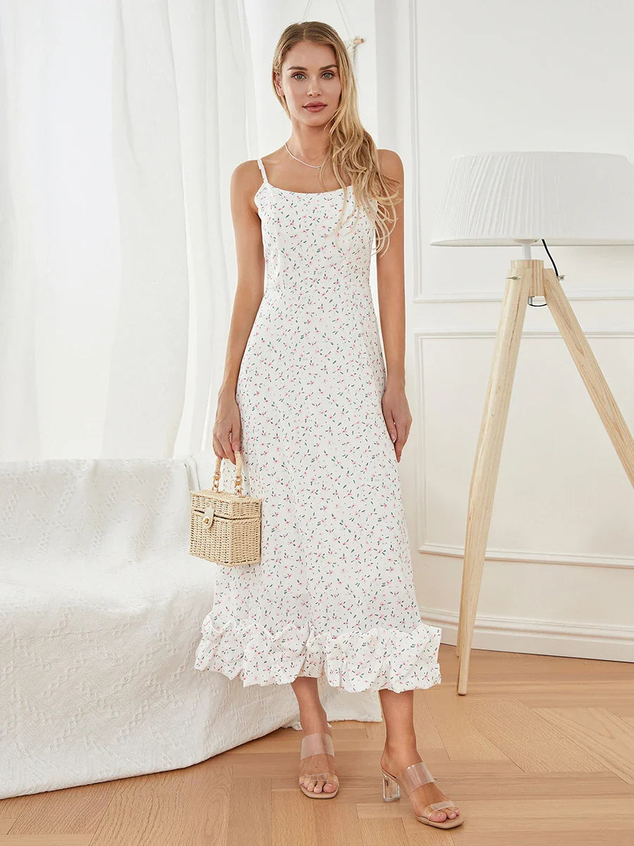 Spaghetti Strap Ruffled Long Sweet Sling Bubble Hem A-line Floral Dress floraldress-250126
