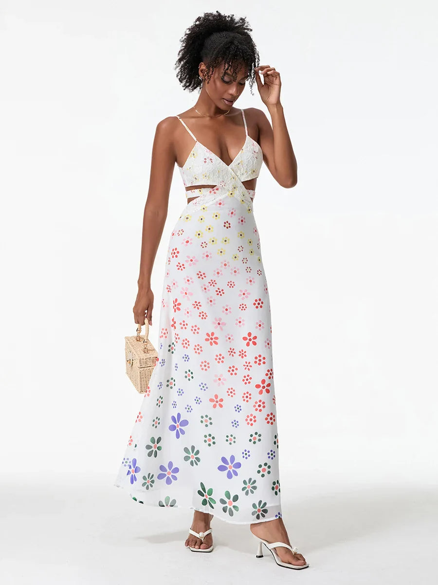Spaghetti Straps Elegant Backless Bow Cross Floral Dress floraldress-250126