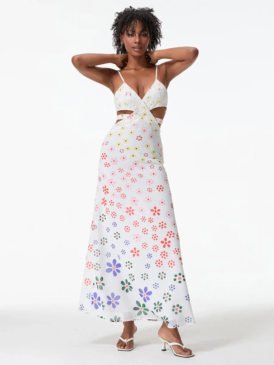 Spaghetti Straps Elegant Backless Bow Cross Floral Dress floraldress-250126