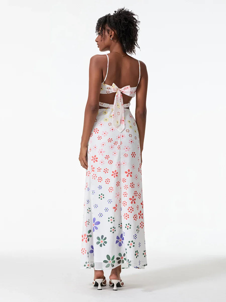 Spaghetti Straps Elegant Backless Bow Cross Floral Dress floraldress-250126