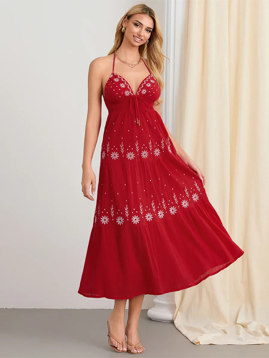Flower Embroidery Tie-Up Halter Boho Backless A-Line Beach Dress floraldress-250126