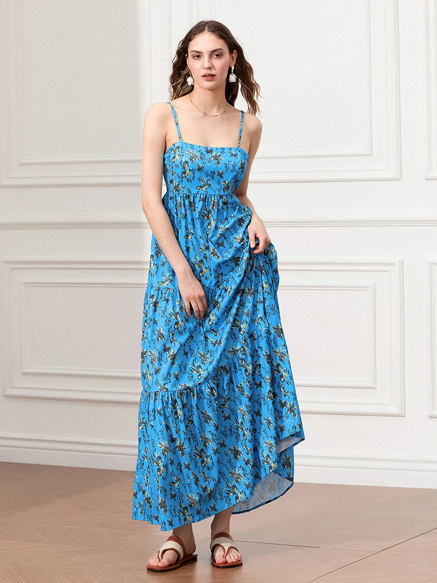 Spaghetti Strap Ruched Backless A-Line Beach Vacation Floral Dress floraldress-250126