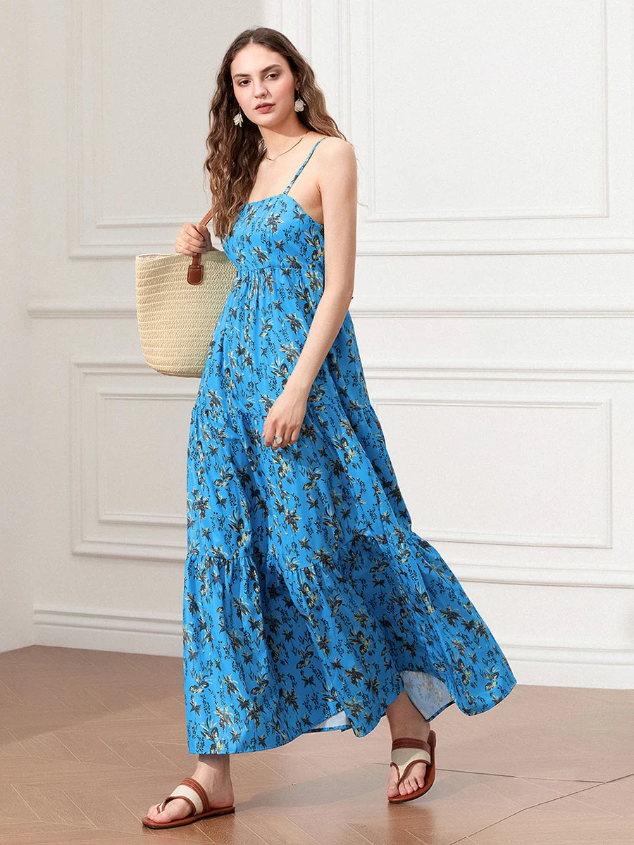 Spaghetti Strap Ruched Backless A-Line Beach Vacation Floral Dress floraldress-250126