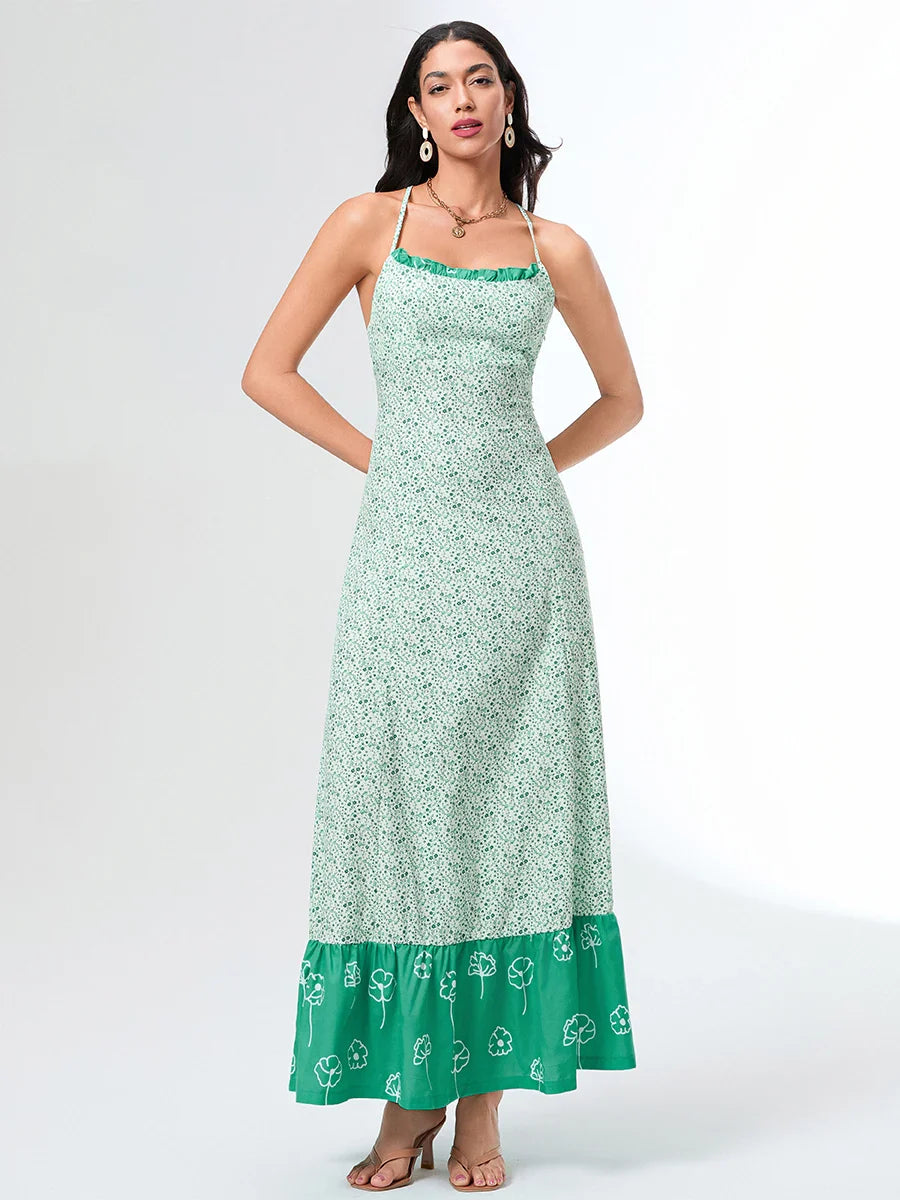 Green Floral Tie-up Back Cross Flowy Floral Dress floraldress-250126