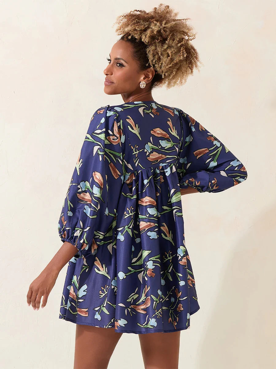Lantern Sleeve Loose Floral Tied Bodydoll Short Floral Dress floraldress-250126