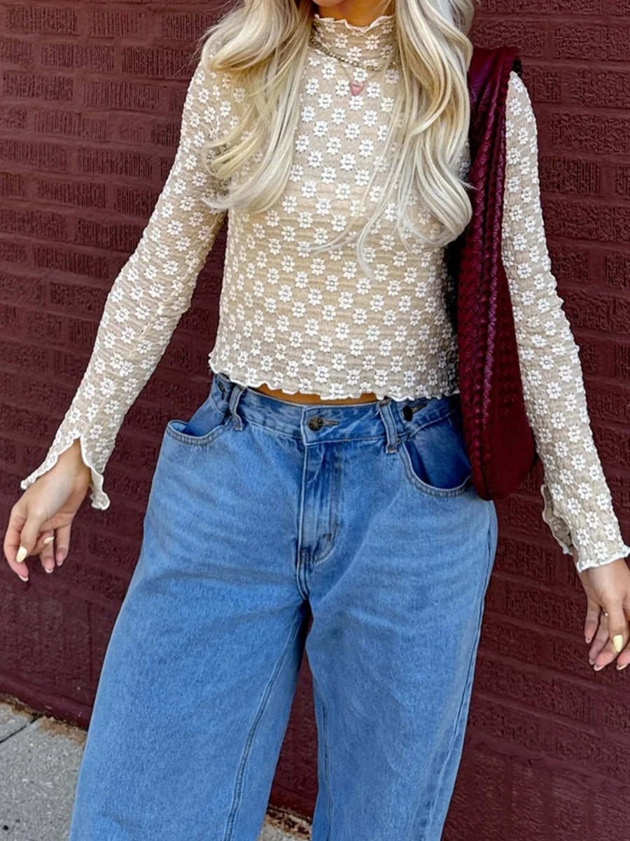 Floral Sheer Mock Neck Long Sleeve Lettuce Hem Crop Top croptop-250126
