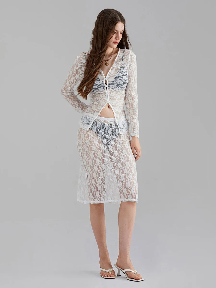 White Lace Mesh Long Sleeve Button-Down Floral Skirt Set floraldress-250126