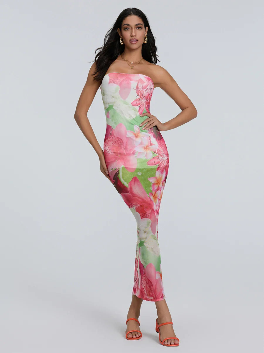 Sexy Strapless Bodycon Off-Shoulder Backless Sheath Floral Night Gown floraldress-250126