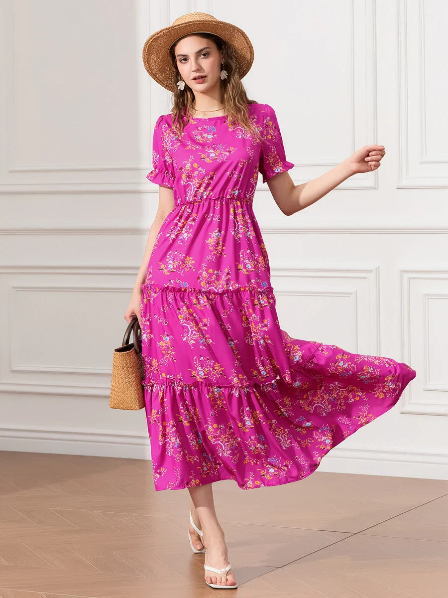 Floral Ruched Tiered Puff Sleeve Pleated Flowy Long Floral Dress floraldress-250126