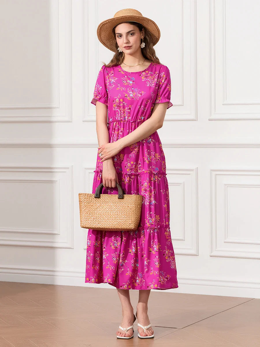Floral Ruched Tiered Puff Sleeve Pleated Flowy Long Floral Dress floraldress-250126