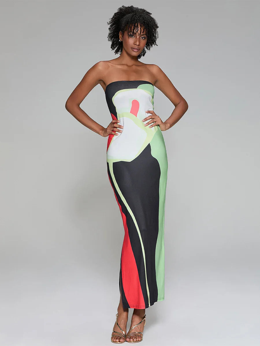Abstract Print Strapless Side Split Floral Dress Green / S floraldress-250126