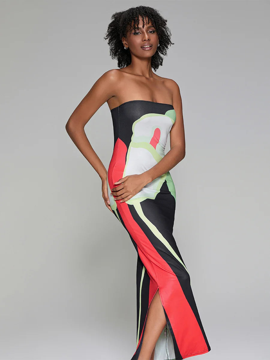 Abstract Print Strapless Side Split Floral Dress floraldress-250126