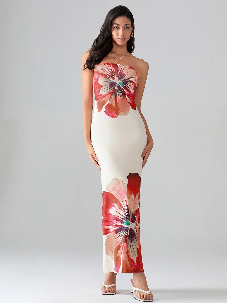 Floral Print Bandeau Strapless Wrap Floral Dress WHITE / S floraldress-250126