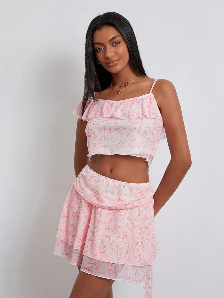 Floral Print Ruffle Sling Crop Cami Mini Skirt Floral Dress floraldress-250126