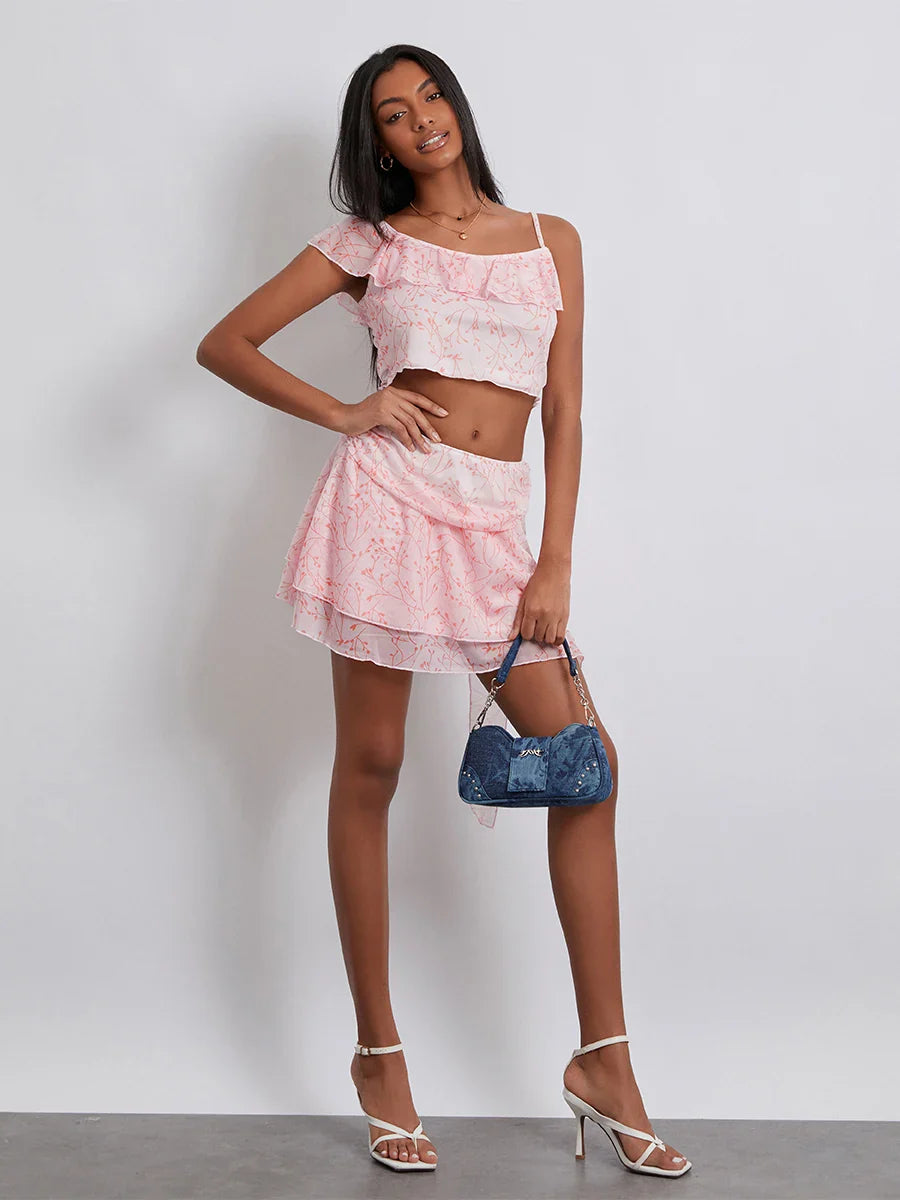 Floral Print Ruffle Sling Crop Cami Mini Skirt Floral Dress floraldress-250126