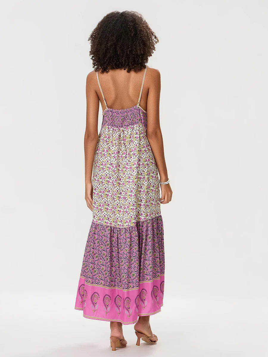 Bohemian Floral Spaghetti Strap Ruched Floral Dress floraldress-250126