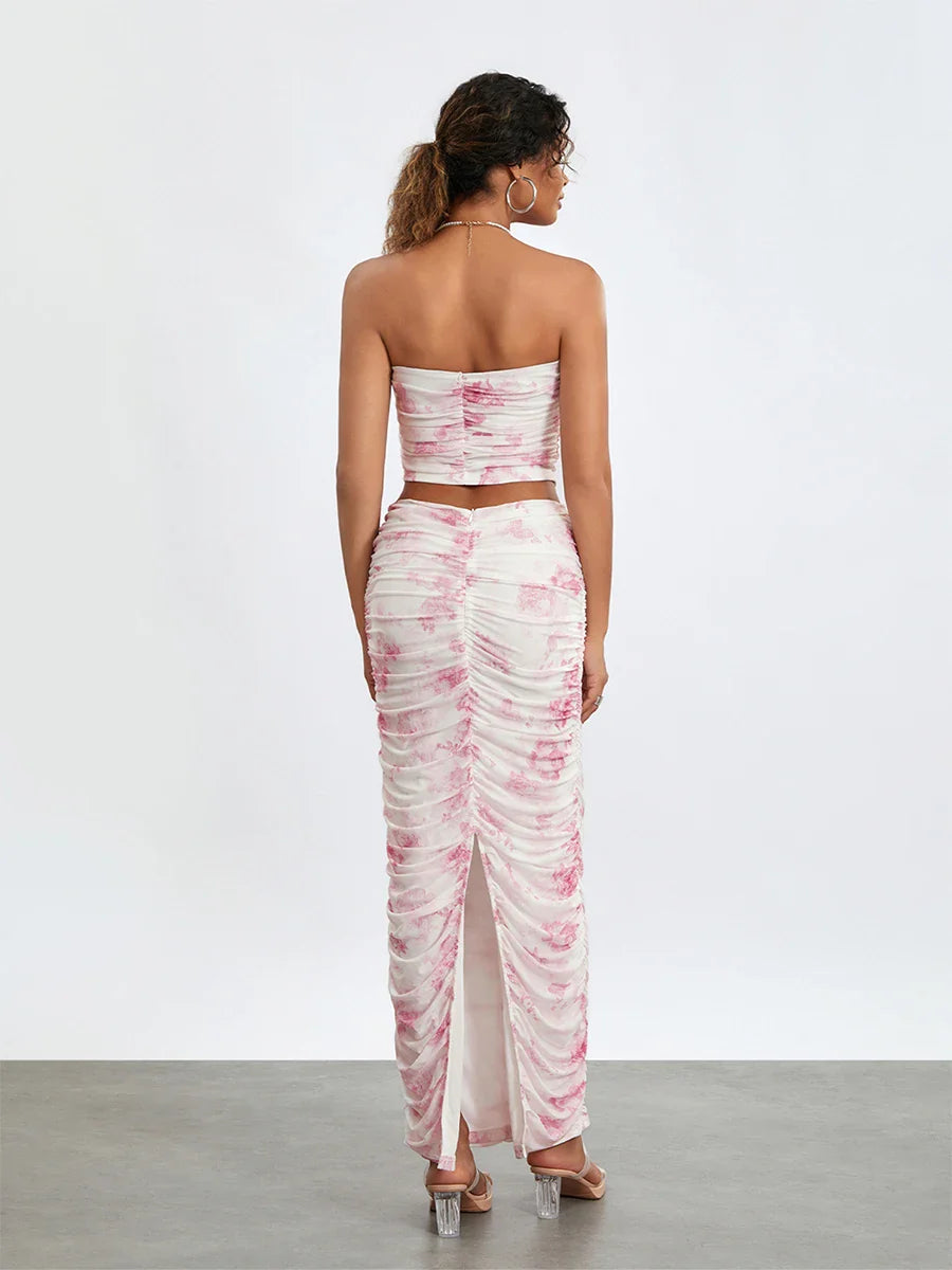 Chic Off-Shoulder Tube Top Wrap Long Floral Skirt Set floraldress-250126