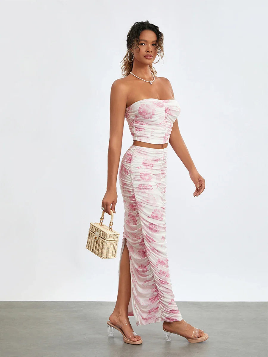 Chic Off-Shoulder Tube Top Wrap Long Floral Skirt Set floraldress-250126