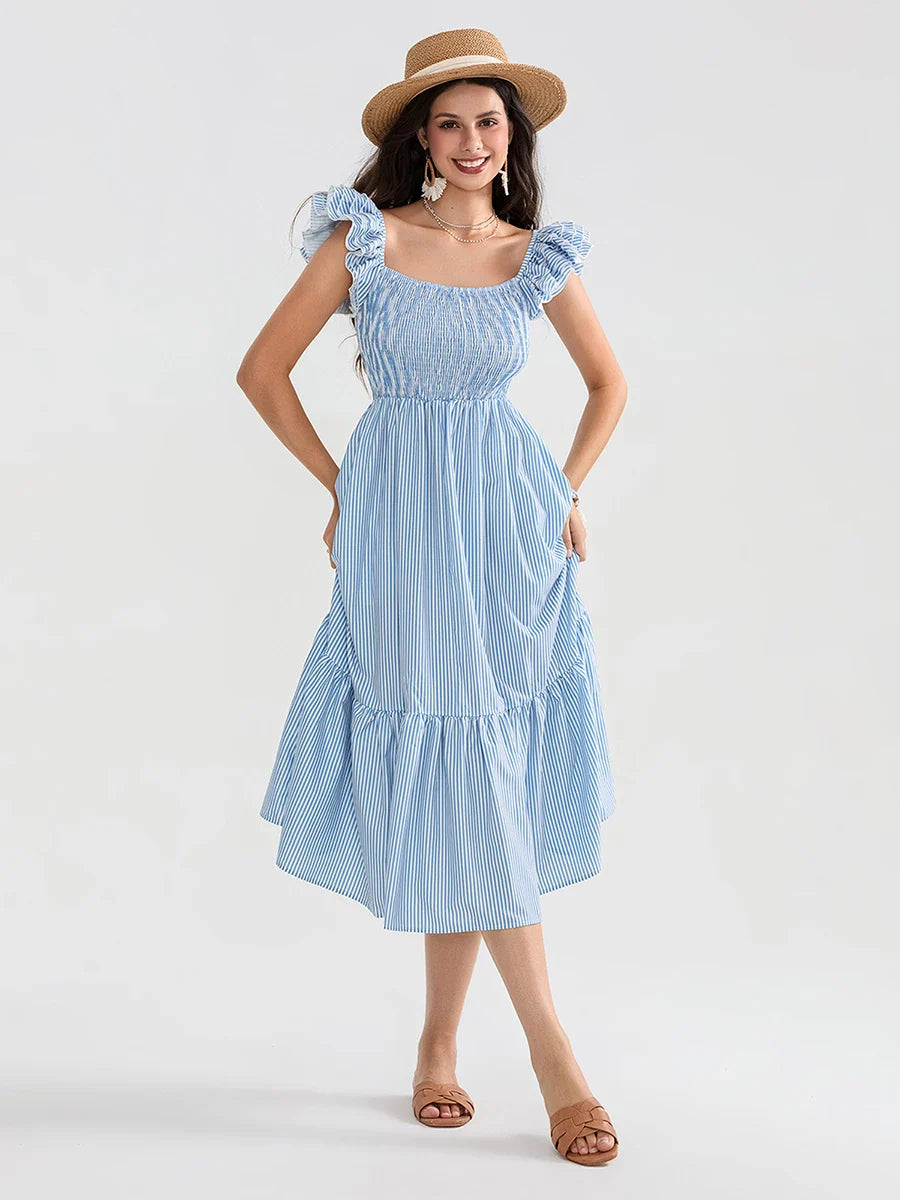 Floral Dot Print Shirred Square Neck Ruffled Flowing Beach Floral Dress floraldress-250126