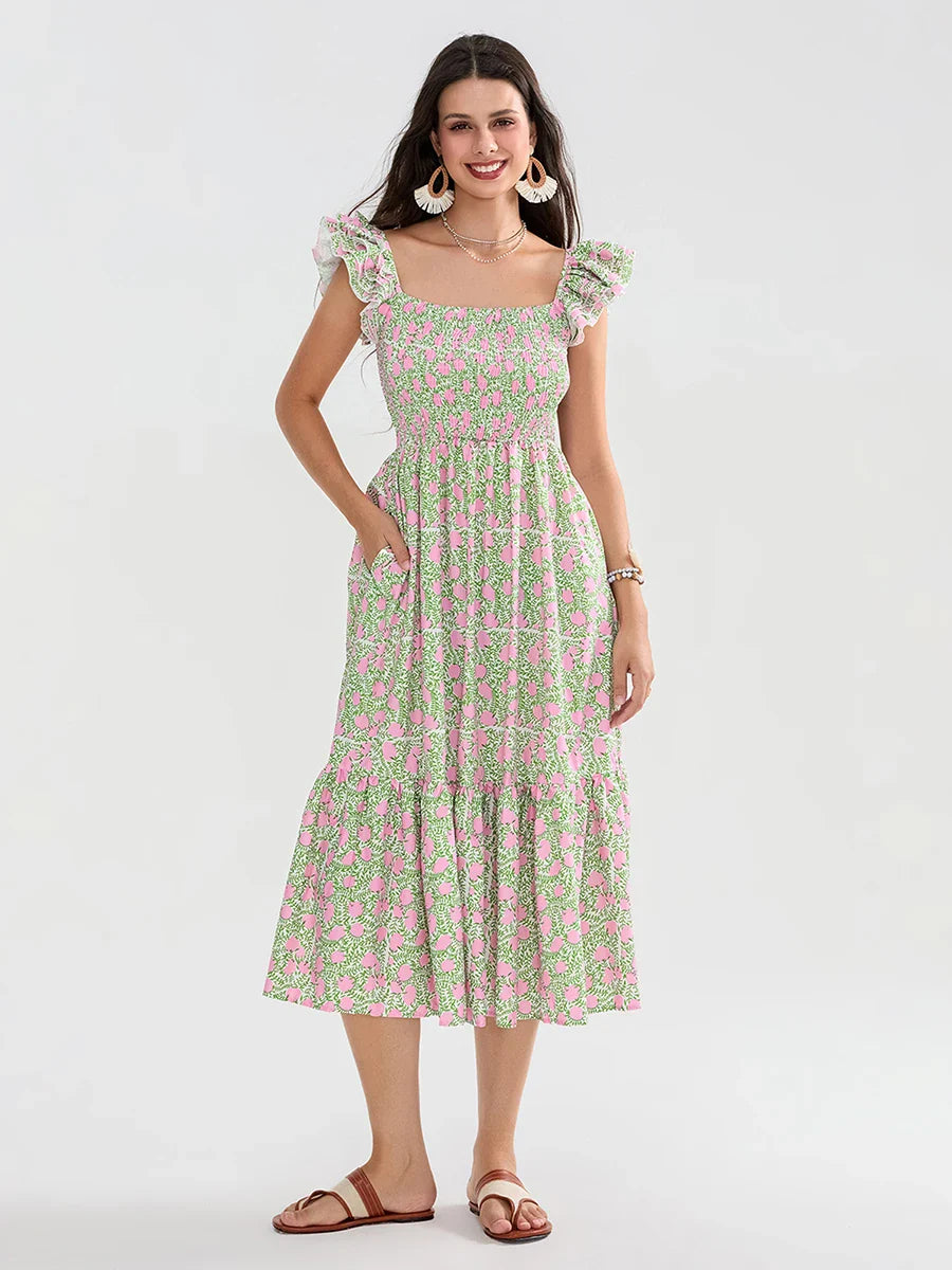 Floral Dot Print Shirred Square Neck Ruffled Flowing Beach Floral Dress floraldress-250126