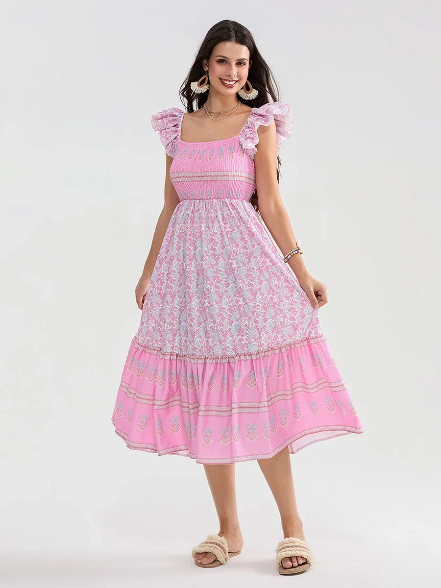 Floral Dot Print Shirred Square Neck Ruffled Flowing Beach Floral Dress floraldress-250126
