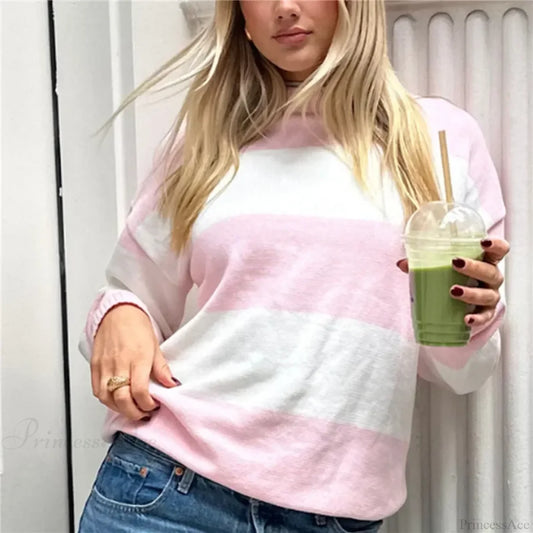 Y2K Autumn Loose Fit Stripe Print Color Block Knit Top Pink / S knittop-250126