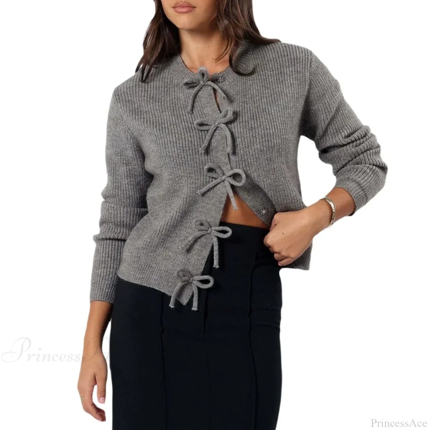 Y2K Bow Front Round Neck Cardigan Gray / S Cardigan-241208